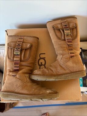 UGG Tan Suede Mid-Calf Cargo Boots with Striped Buckle Strap